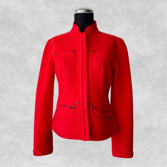 Per Se Red Orange Boiled Wool Mandarin Collar Hidden Snap Jacket - Women's 6 - Picture 2 of 9